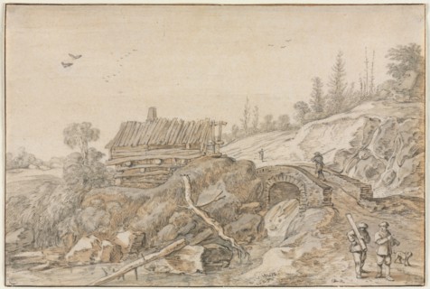 Hilly Landscape with Hut Beside a Stream, 1627. Van de Velde Esaias (Dutch, 1587-1630). Black chalk