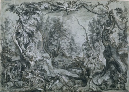 Saint Deicolus and the Boar, 1747-1748. Johann Wolfgang Baumgartner (German, 1712-1761). Pen and