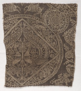 Fragment from a funeral garment or pall, 1649-1955. Probably Iran. Lampas weave, silk; overall: 21