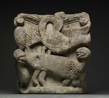 Engaged Capital with a Fantastic Creature and Three Birds, early 1100s. Western France, Bordelais,