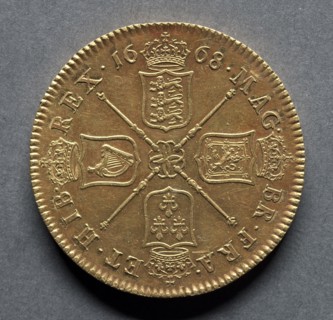 Five Guineas (reverse), 1668. England, Charles II, 1660-1685. Gold