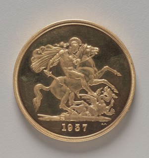 Five Pounds (reverse), 1937. Benedetto Pistrucci (Italian, 1784-1855). Gold