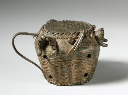 Gold Weight: Drum with Jaws of Defeated Enemies, 1800s. Guinea Coast, Ghana, Asante, 19th century.
