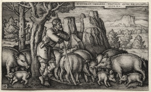 The Prodigal Son:  Tending Swine. Hans Sebald Beham (German, 1500-1550). Engraving