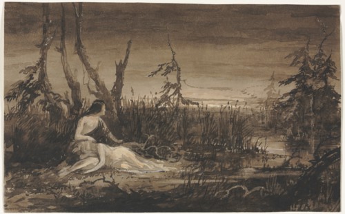 Figures in a Landscape. Francis Danby (British, 1793-1861). Brush and brown ink with white