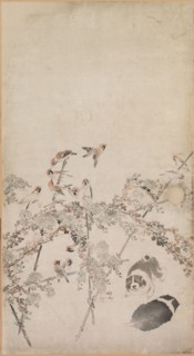 Puppies, Sparrows and Chrysanthemums, 1754-1799. Nagasawa Rosetsu (Japanese, 1754-1799). Fusuma