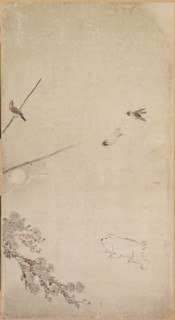 Puppies, Sparrows and Chrysanthemums, 1754-1799. Nagasawa Rosetsu (Japanese, 1754-1799). Fusuma