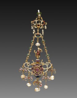 Pendant, 1600. Italy, 17th century. Gold, enamel, pearls, rubies; overall: 10.8 cm (4 1/4 in.).
