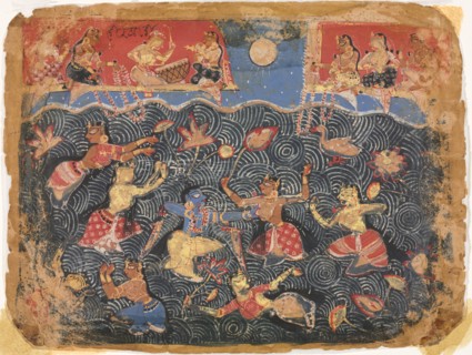 Krishna sporting with the gopis in the Jumna River, from a Bhagavata Purana, c. 1525-50. India,