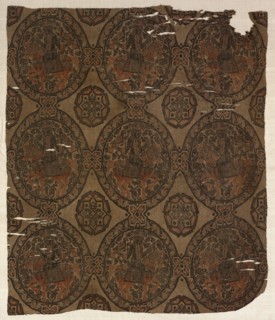 Fragment with Equestrian Falconer King, 800s. Iran or Iraq, Abbasid period, 9th century. Lampas