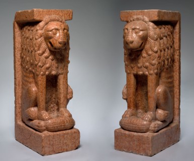 Supporting Lion (pair), style of the 13th century. Italy, style of the 13th century. Pink limestone