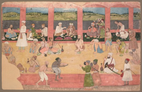 Opium smokers served melons and bread, c. 1750. India, Mughal Dynasty (1526-1756). Color on paper;