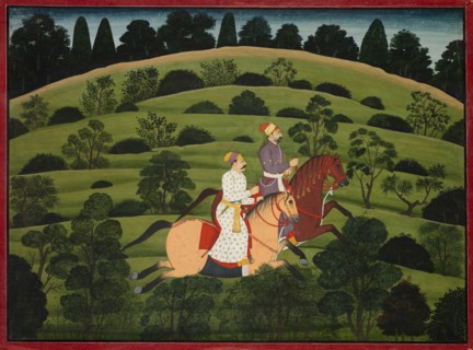 Akrura Rides Toward Dwarka, page from the large Basohli Bhagavata Purana, c. 1760-1765. India,