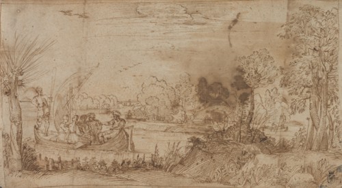 River Landscape with Boats, c. 1590. Annibale Carracci (Italian, c. 1560-1609). Pen and brown ink;