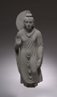Standing Buddha, 150-200. Pakistan, Gandhara, Kushan Period. Schist; overall: 119.7 cm (47 1/8 in