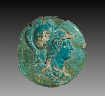 Mirror Box with Head of Athena, 400-375 BC. Greece, early 4th Century BC. Bronze, partially gilt;