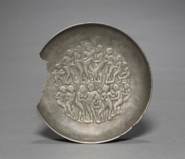 Plate with a Scene of Revelry, 400s. Northwestern India, possibly Tanesara Mahadeva, Gupta period