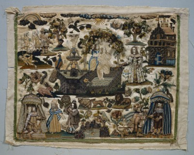 Stumpwork Panel: Story of David and Bathsheba, 1658. England, 17th century. Stumpwork embroidery