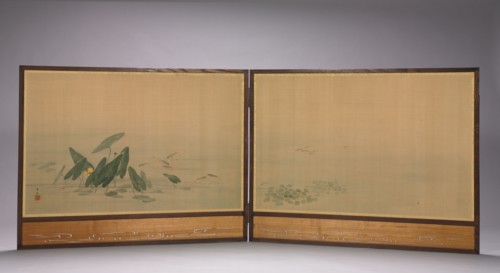 Fish in a Lotus Pond, 1800s. Donshu Ohara (Japanese). Two-fold screen; ink and color on silk;