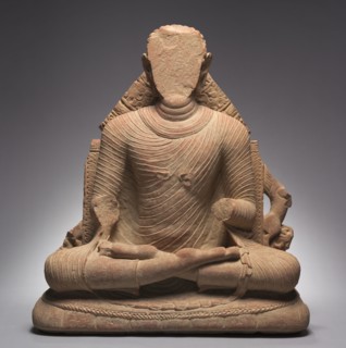 Seated Buddha, 400-430. Northern India, Uttar Pradesh, Mathura, Gupta period (c. 320-550). Red