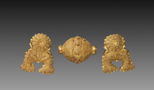 Necklace Bead and Pair of Pendants in the Shape of an Auspicious Symbol, c. 150 BC. India, Uttar