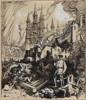 Louvain, 1914. Auguste Louis Lepère (French, 1849-1918). Brush and brown ink with touches of black