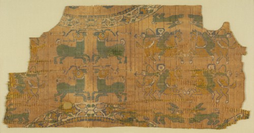 Samite fragment with hunters, 800s. Eastern Iran or Central Asia. Compound twill, silk; overall: 22
