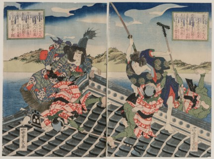 Arashi Rikan II as Inuzuka Shino Moritaka and Nakamura Utaemon III as Inukai Kenpachi Michinobu