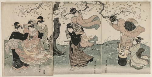 Cherry Blossoms in the Wind, late 1790s. Utagawa Toyokuni (Japanese, 1769-1825). Triptych of
