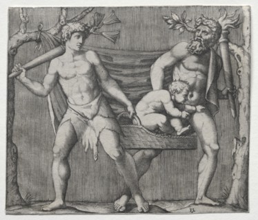 Two Fauns Carrying a Child in a Basket, c. 1513-1515. Marcantonio Raimondi (Italian,