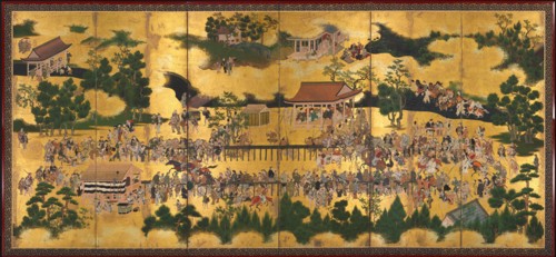 Horse Race at the Kamo Shrine, 1615-50. Tosa School (Japanese). Pair of six-panel folding screens,
