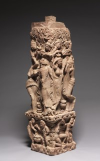 Corner Railing Pillar with Drinking Scenes, Yakshis, and Musicians, 100s. India, Mathura, Kushan