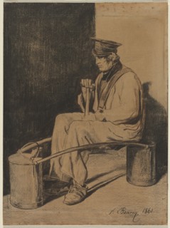 Water Carrier Seated on His Yoke, 1861. François Bonvin (French, 1817-1887). Black chalk and brown