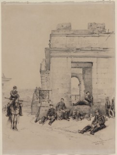Soldiers Resting (recto) Sketch of a Man with Upraised Arm and Sketch of a Helmet (verso) , 1878.