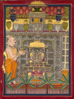Maharao Kishor Singh dressed as a Vallabha priest worshipping Krishna as Brijrajji, mid 1800s.