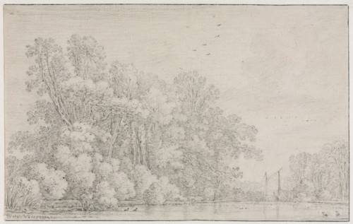 River Landscape, c. 1650?. Simon de Vlieger (Dutch, 1601-1653). Black chalk; framing lines in black