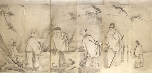 Four Elders of Mt. Shang, 1600s. Kano Tan’yu (Japanese, 1602-1674). Pair of six-fold screens; ink