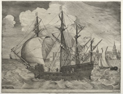 Sailing Vessels: Armed Four-Master Putting Out to Sea, 1561-65. After Pieter Bruegel (Flemish,
