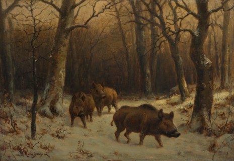 Wild Boars in the Snow, c. 1872-1877. Rosa Bonheur (French, 1822-1899). Oil on wood panel;