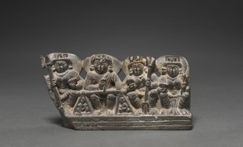 Yama as Dharma, the Judge of the Deceased with His Consorts (minature stele), 800s. Northwest India