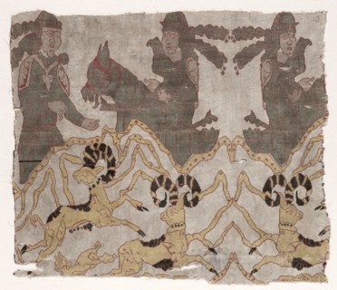 Fragment with Landscape, Hunters and Ibexes, 800s. Iran, Abbasid period, 9th century. Lampas weave,