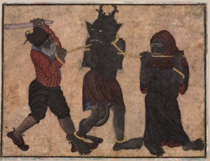 Demon in chains, c. 1453. Style of Muhammad Siya Qalam (Iranian). Opaque watercolor and gold on