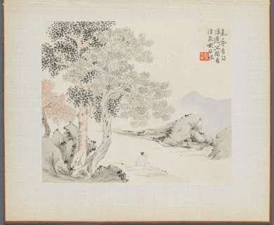 Album of Landscape Paintings Illustrating Old Poems:  Three Big Trees, a Stream with an Old Man