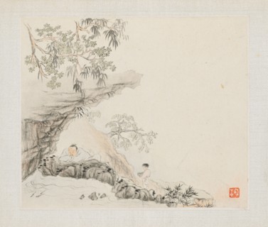 Album of Landscape Paintings Illustrating Old Poems:  A Man Lies under a Rocky Overhang; a Boy