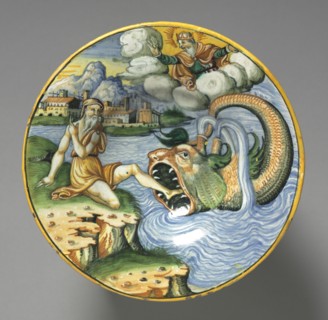Plate Depicting Jonah, late 1500s. France, Lyon, 16th century. Tin-glazed earthenware (maiolica);