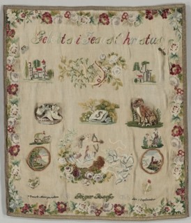 Sampler, 1870. Germany, 19th century. Embroidery; wool on woolen canvas; overall: 83.2 x 71.1 cm