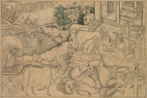 Cremation of the Demoness Putana, from a Krishna-Lila, c. 1790. Northern India, Himachal Pradesh,
