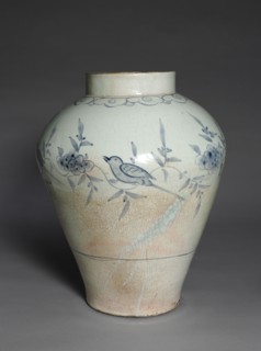 Jar with Bird and Flower Decoration, 1700s. Korea, Joseon dynasty (1392-1910). Stoneware with
