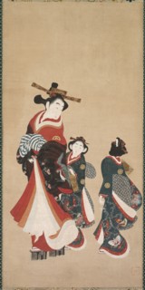 Courtesan and Attendants, c. 1748-1751. Attributed to Engetsudo (Japanese). Hanging scroll; ink and