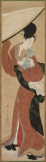 Lady with a Parasol, early 1800s. Koikawa Harumasa (Japanese). Hanging scroll; ink, color, gold,